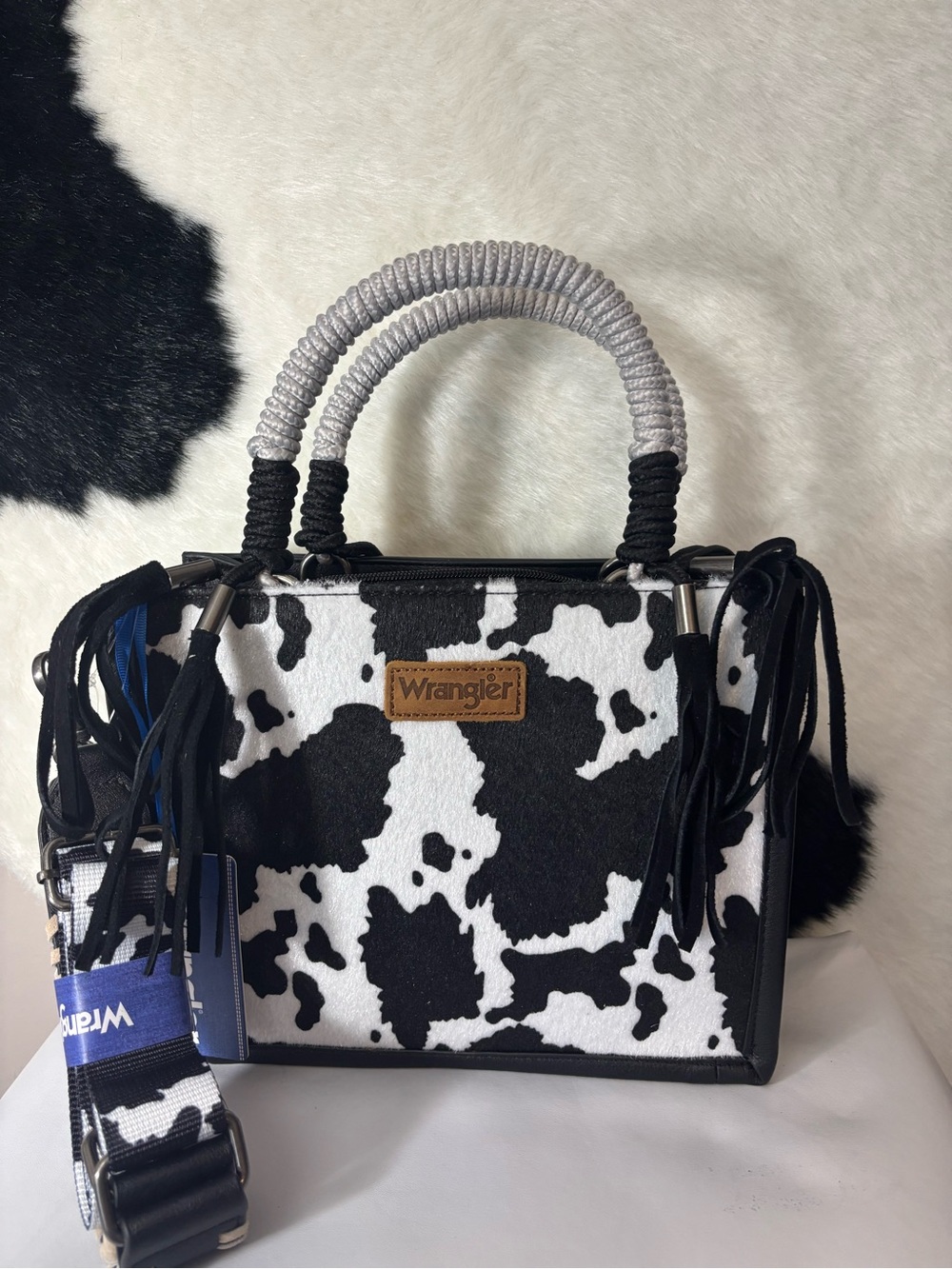 Wrangler Black & White Cowhide-Print Satchel with Braided Handles